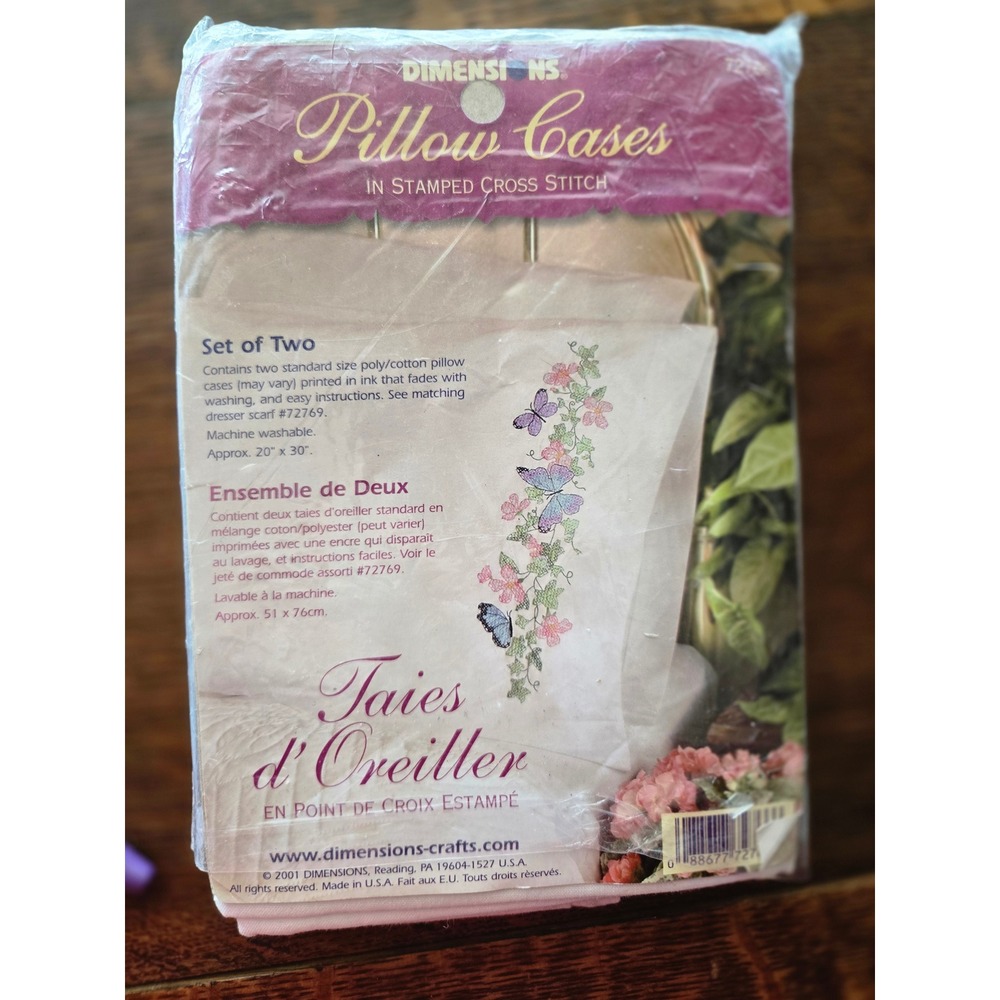 Dimensions Pillow Cases Two Stamped Cross Stitch Butterfly Floral Embroidery